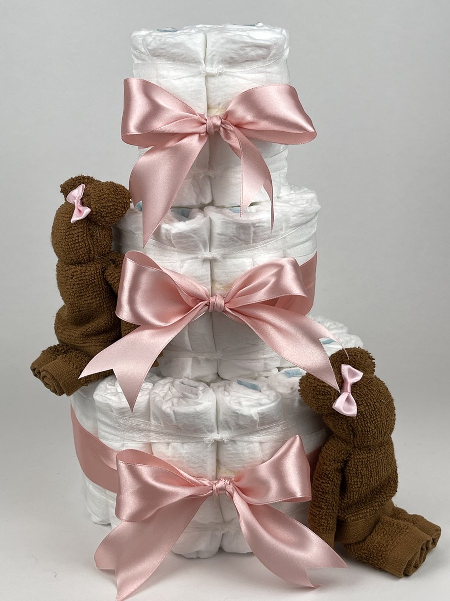 Chouette-Chouette | Luiertaart Meisje | Kraamcadeau | Geboorte Meisje | Babyshower | Beren clay Bruin - donker Poeder Roze