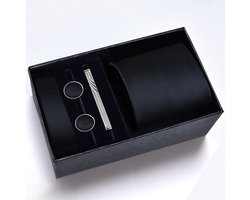 Zijde Stropdas Set - Stropdas met Pochet, Manchetknopen en Dasspeld - 100% Zijde Tie Set - Zwart