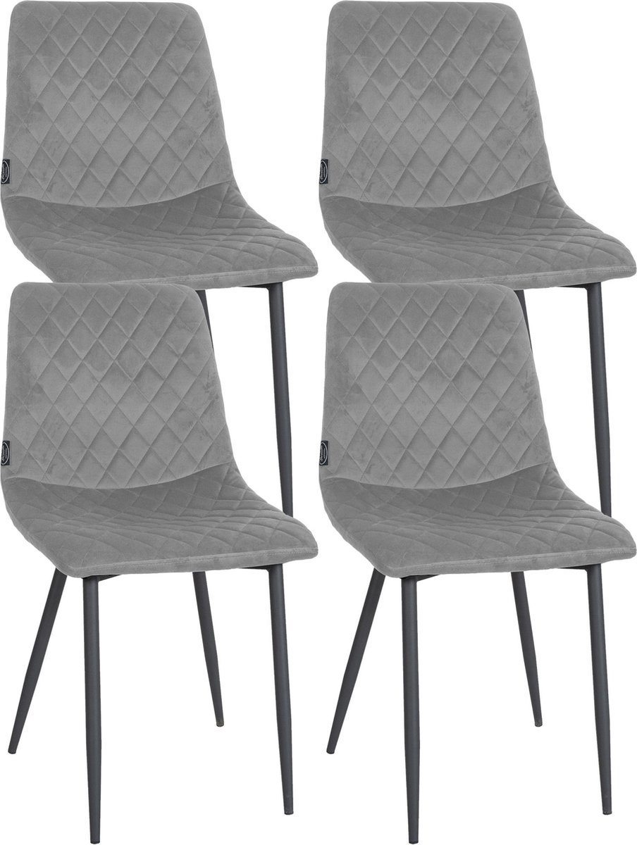 CLP Telde Set van 4 Eetkamerstoelen - Zonder armleuning - Metaal frame - Fluweel - Velvet - grijs