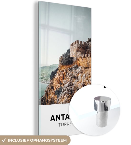 MuchoWow® Glasschilderij 80x160 cm - Schilderij acrylglas - Turkije - Kasteel - Zee - Foto op glas - Schilderijen
