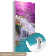 MuchoWow® Glasschilderij 60x120 cm - Schilderij acrylglas - Waterval - Bomen - Regenboog - Paars - Foto op glas - Schilderijen