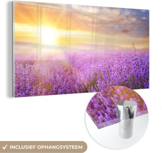 MuchoWow® Glasschilderij 40x20 cm - Schilderij acrylglas - Lavendel - Zon - Lucht - Natuur - Foto op glas - Schilderijen