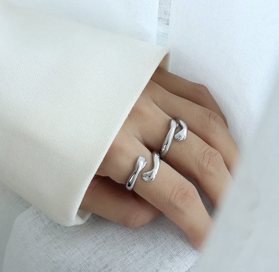Borasi Collection Knuffel Ring | 925 Zilver | Zilver | Knuffelring | Handen | Vriendschapsring | Hug | Verstelbaar | Verstelbare Ring | Vrouwen Cadeau | Moederdag - Borasi