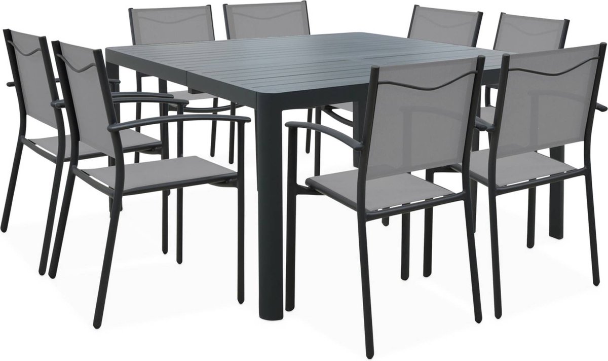 sweeek - Aluminium tafel, portland, 147,5 x 96/147,5 x 75cm + tuinstoelen