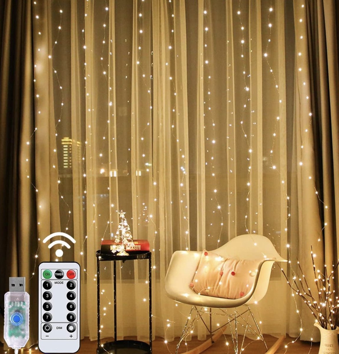 Rideau lumineux de Noël, 2 x 1 mètres, blanc chaud, IP44, avec 5 fonction  contrôleur