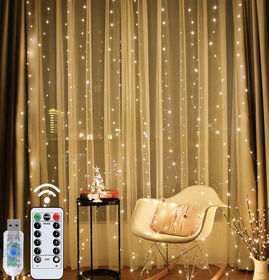 Gordijn slingerlichten, 240 LED gordijnlichten 2,4 x 3 meter USB-bediend, 8 standen, raamgordijn sprookjesachtig licht met afstandsbediening en timer warm wit licht voor binnen kerstdecoratie