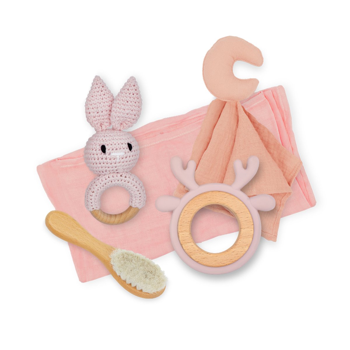 Goedkoopste LUVION® Kraamcadeau Geschenkset - Hydrofiele Doek en Knuffeldoekje - Houten Rammelaar, Bijtring en Borstel - Baby Geschenkset - Babyshower – Baby Speelgoed 0 jaar - Meisje
