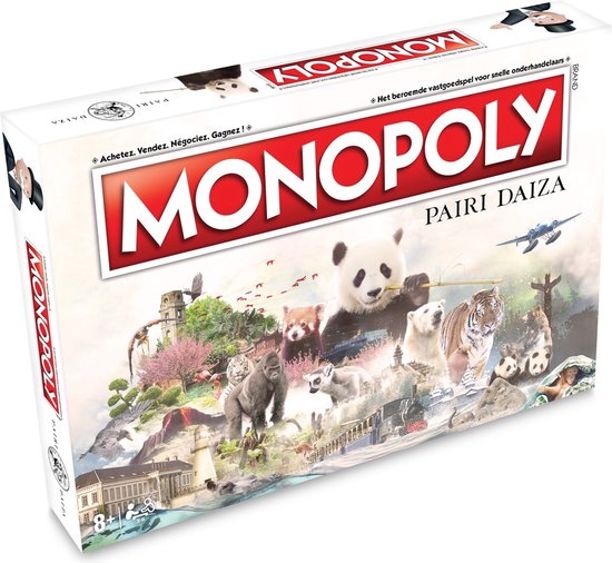 Monopoly Pairi Daiza bordspel met panda, tijger, ijsbeer en gorilla op een berglandschap.