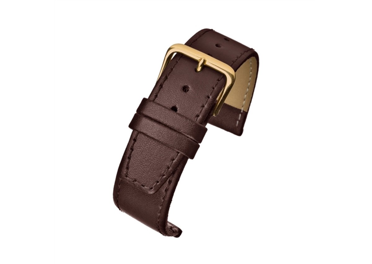 horlogeband-horlogebandje-20mm-echt leer-bruin-zacht-glad -plat-gestikt-goudkleurige gesp-leer-20 mm