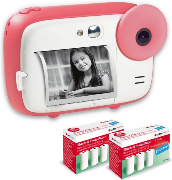 AGFA Photo Pack Realikids Instant Cam + 6 Rouleaux Papier Thermique ATP3WH supplémentaires - Appareil Photo Instantané Enfant, Ecran LCD 2,4', Batterie Lithium, Miroir Selfie et Filtre Photo - Rose