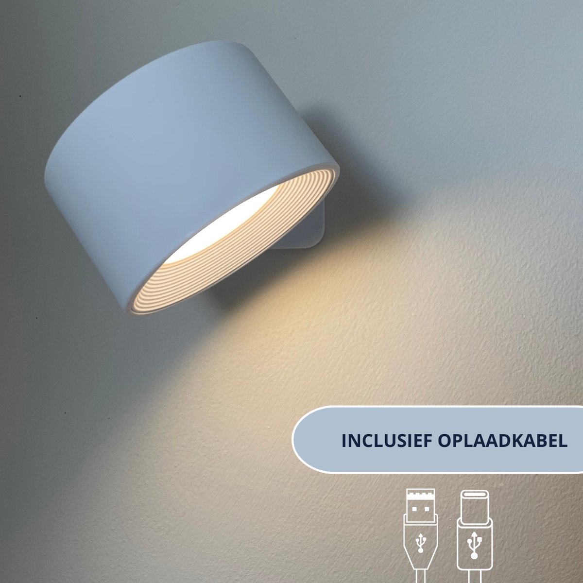 Latium Oplaadbare LED Wandlamp voor Binnen - USB Oplaadbaar - Draadloos - Batterij - Dimbaar - Nachtlampje - Slaapkamer - Woonkamer - Touch Control - 360º rotatie - Wit