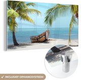 MuchoWow® Glasschilderij 80x40 cm - Schilderij acrylglas - Palmboom - Boot - Strand - Foto op glas - Schilderijen