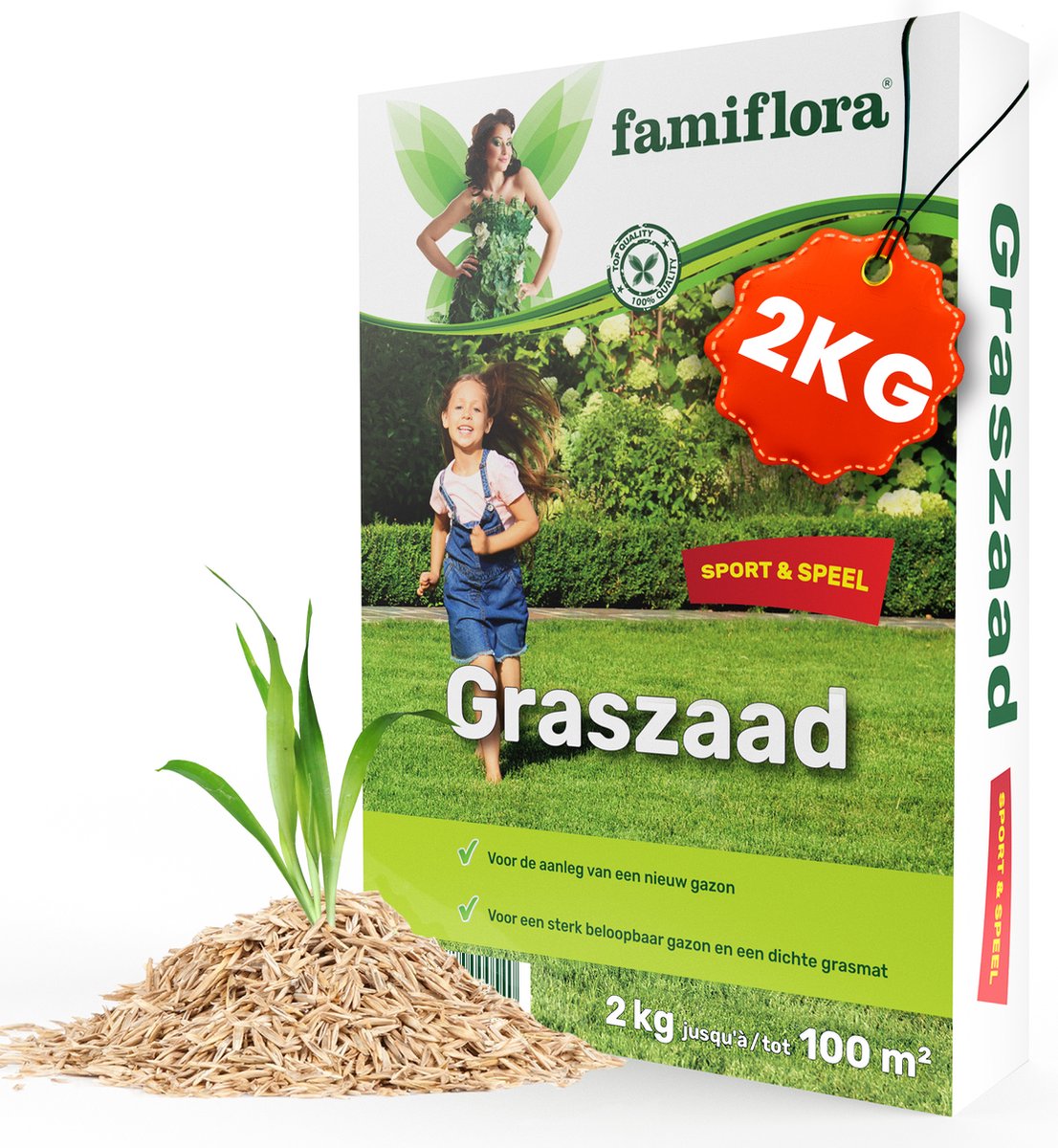 Famiflora Graszaad Speel & Sport - Sterk Graszaad voor Speelgazon en Sportgazon - 2 kg voor 100m² - Met Coating - Famiflora