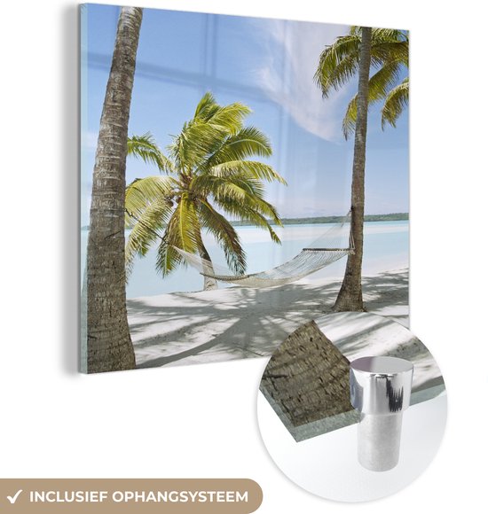 MuchoWow® Glasschilderij 50x50 cm - Schilderij acrylglas - Palmboom - Hangmat - Zand - Foto op glas - Schilderijen