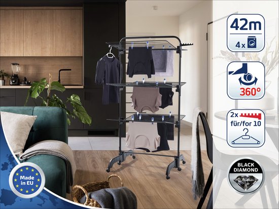 Tour de séchage Leifheit Pegasus 420 Solid Comfort - longueur de séchage 42 m - avec roues et cintres inclus - noir