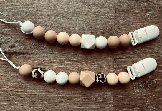 2 Stuks - Speenkoord Baby - Siliconen Kralen - Beige, Taupe, Luipaard Print van Merkloos — afbeelding 3