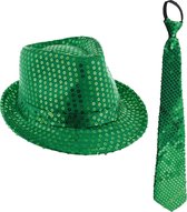 Carnaval verkleed setje - glitter hoedje en stropdas - groen - volwassenen - met pailletten