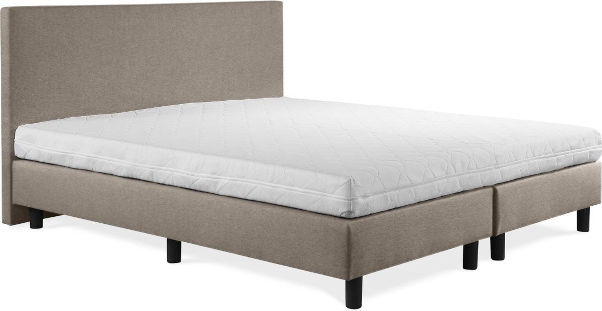 Boxspring Sofia luxe lederlook taupe 130x210 incl. wit matras, hoofdbord glad uitgevoerd.