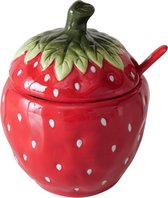 Boltze Home Pot à confiture ' Strawberry' avec couvercle et cuillère en faïence 13x11x14cm rouge fait main