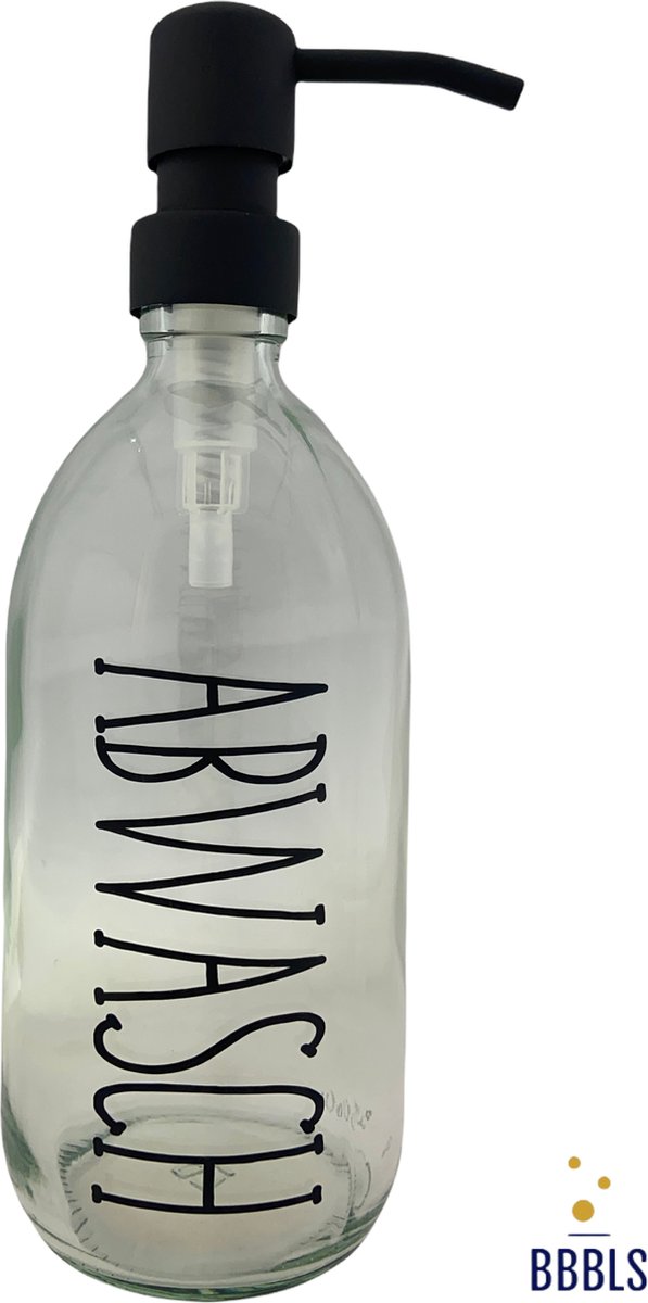 BBBLS® Design Dispenser "Abwasch" | Transparant Kunststof | 500ml | RVS / Metaal Pomp Zwart | Zeeppomp | Zeepdispenser | Zeephouder