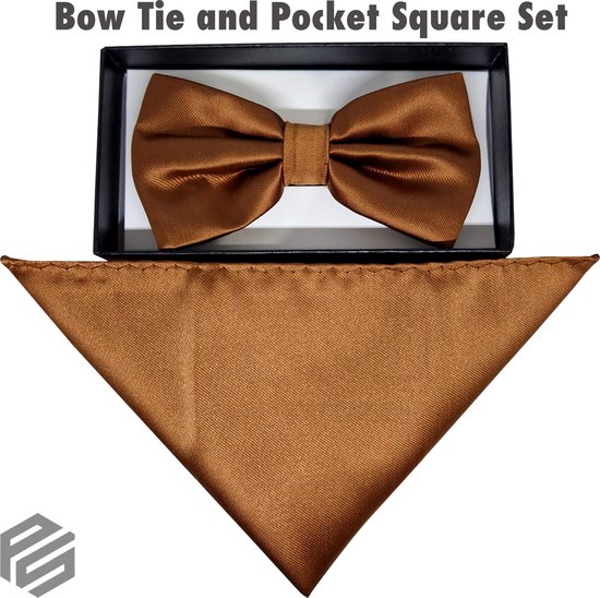 Bow Tie Including Pochette - Bow Tie - Bow Tie - Pocket Square - Brown High Quality 30% soie 70% Polyester