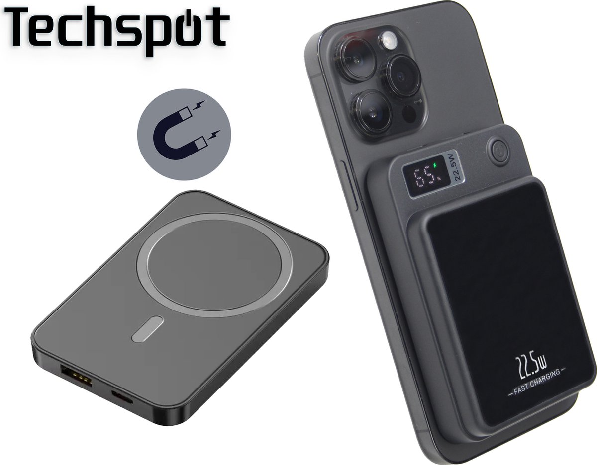 Techspot© Magsafe Powerbank - 10000 mAh - 22.5W snellader - Batterij LED Display - Draadloos & met draad opladen - Apple magsafe - USB-C + USB-A - iPhone 12/13/14/15 - Samsung