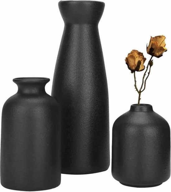 Keramische vaas, set van 3, creatieve vaas, moderne woondecoratie, decoratieve vazen voor pampasgras en gedroogde bloemen, voor woonkamers, tafels, boekenplanken, bruiloften, zwart, mat, kleine