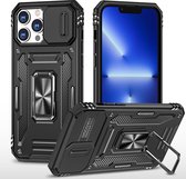 Podec Hoesje geschikt voor iPhone 11 Pro Max Zwart Telefoonhoesje - Anti-Shock Case Cover Hybrid Armor Hoes met Kickstand Ring met Screenprotector