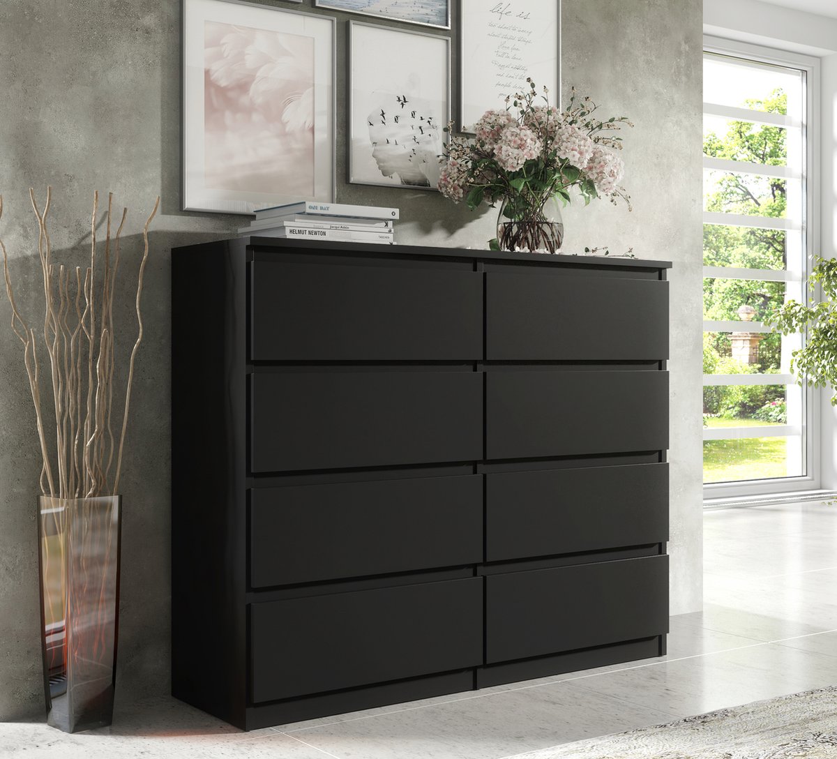 Pro-meubels - Ladekast Ibiza - Zwart mat - 138cm - 8 lades - Kast - Commode - Slaapkamer