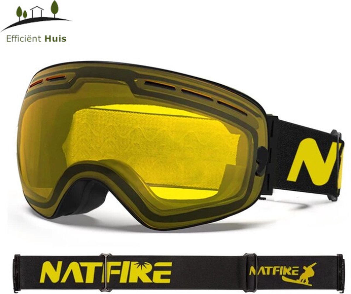 Natfire - Ultieme Skibril - Geel - UV-bescherming - Geschikt voor brildragers - Anti-Mist - Ventilatie - UV400