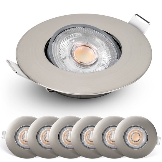 Spotjes Nikkel Dimbaar 6 stuks - Ultralage Inbouwdiepte - 480 Lumen – 2700K Warm Wit - 4.9W - 50° Kantelbaar - Emos Exclusive Inbouwspots Led