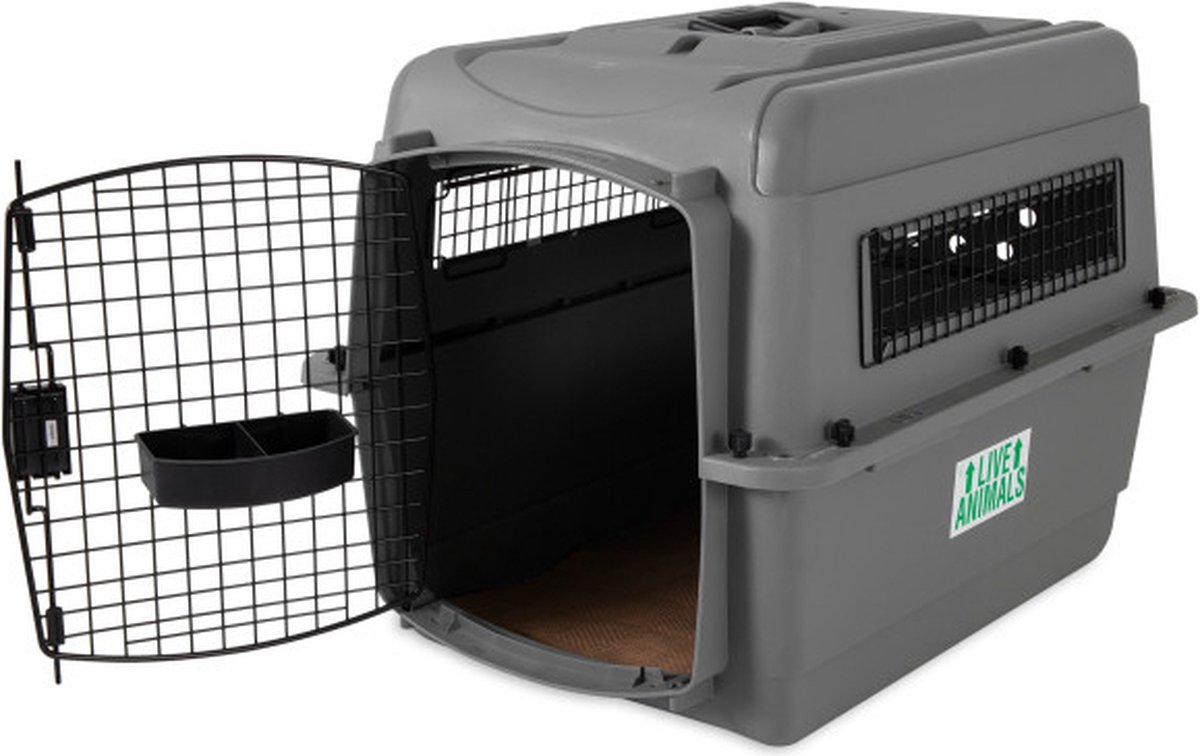 Petmate Sky Kennel 8 kg Reismand Ventilatiegaten Met Dubbele Voer en Drinkbak 53 x 40 x 38 cm Grijs