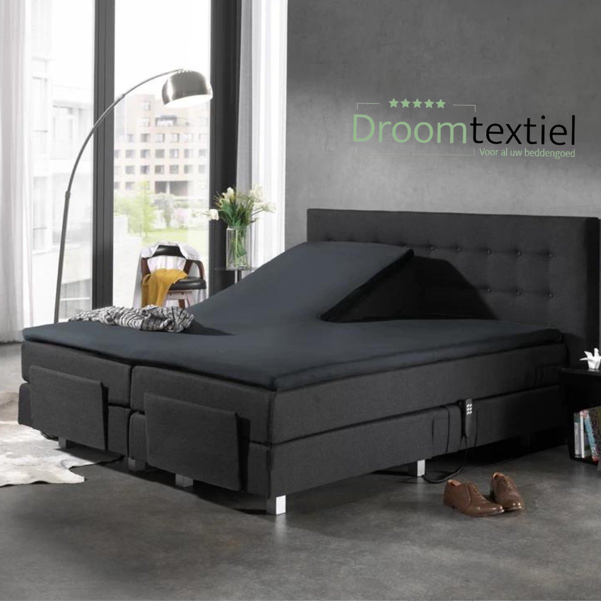 Droomtextiel Splittopper Hoeslaken Jersey Katoen Zwart - 160x210cm - Single Split - Hoogwaardige Kwaliteit - 160 grm2
