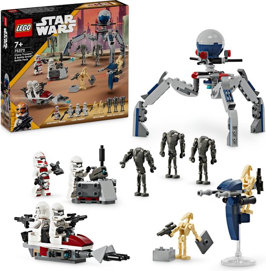 LEGO Star Wars 75372 box en speelgoed: 3 rode Clone Shock Troopers, 3 witte Clone Troopers, 3 Battle Droids, 4 Super Battle Droids, speeder bike en een spin-mech.