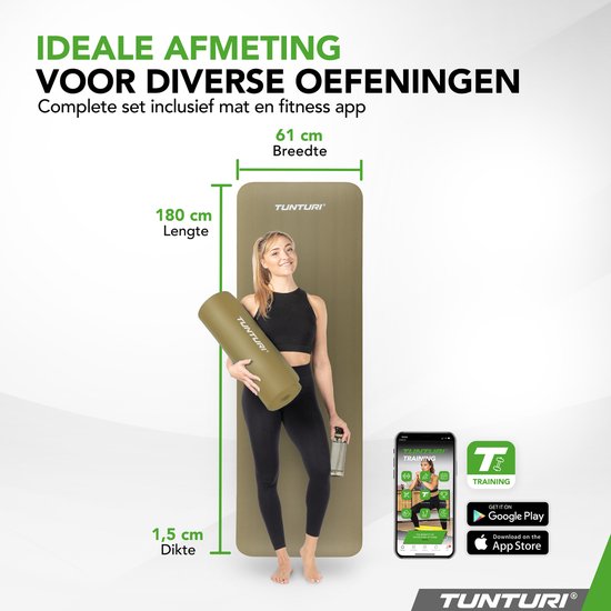Vrouw met legergroene Tunturi mat, 180cm lang, 61cm breed, 1.5cm dik. Met trainingsapp.