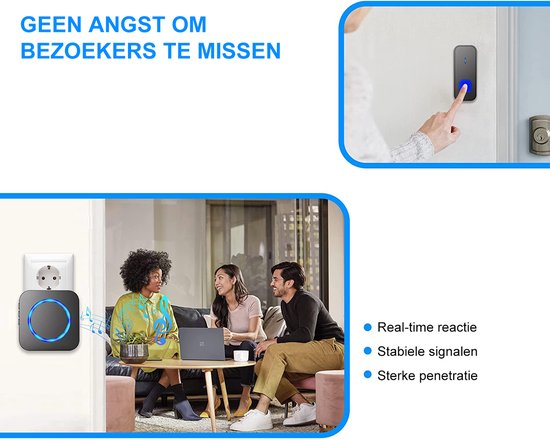 Deurbel, draadloze bel, 400 m bereik, draadloze bel met plug-in