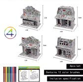3D puzzel - Coloring puzzel - Kleurplaat - 4 figuren met 12 viltstiften - 3D Huisjes knutselen