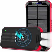 Isollis - Solar powerbank 30 000mAh - Powerbank zonne-energie - Ingebouwde kabels - Solar charger - Draadloos opladen - Wireless charger - Snellader - LED-zaklamp - USB A, USB-C & Micro USB - Iphone & Samsung
