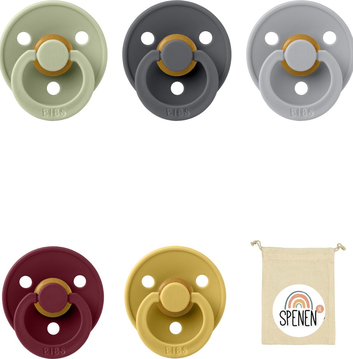 Goedkoopste Bibs fopspenen 0-6 maand set 5 stuks Iron,Mustard,Ruby,Cloud en Sage maat 1