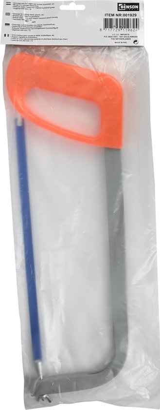 Verstelbare ijzerzaag met oranje handvat, grijze zaagboog en blauwe zaagblad in plastic verpakking.