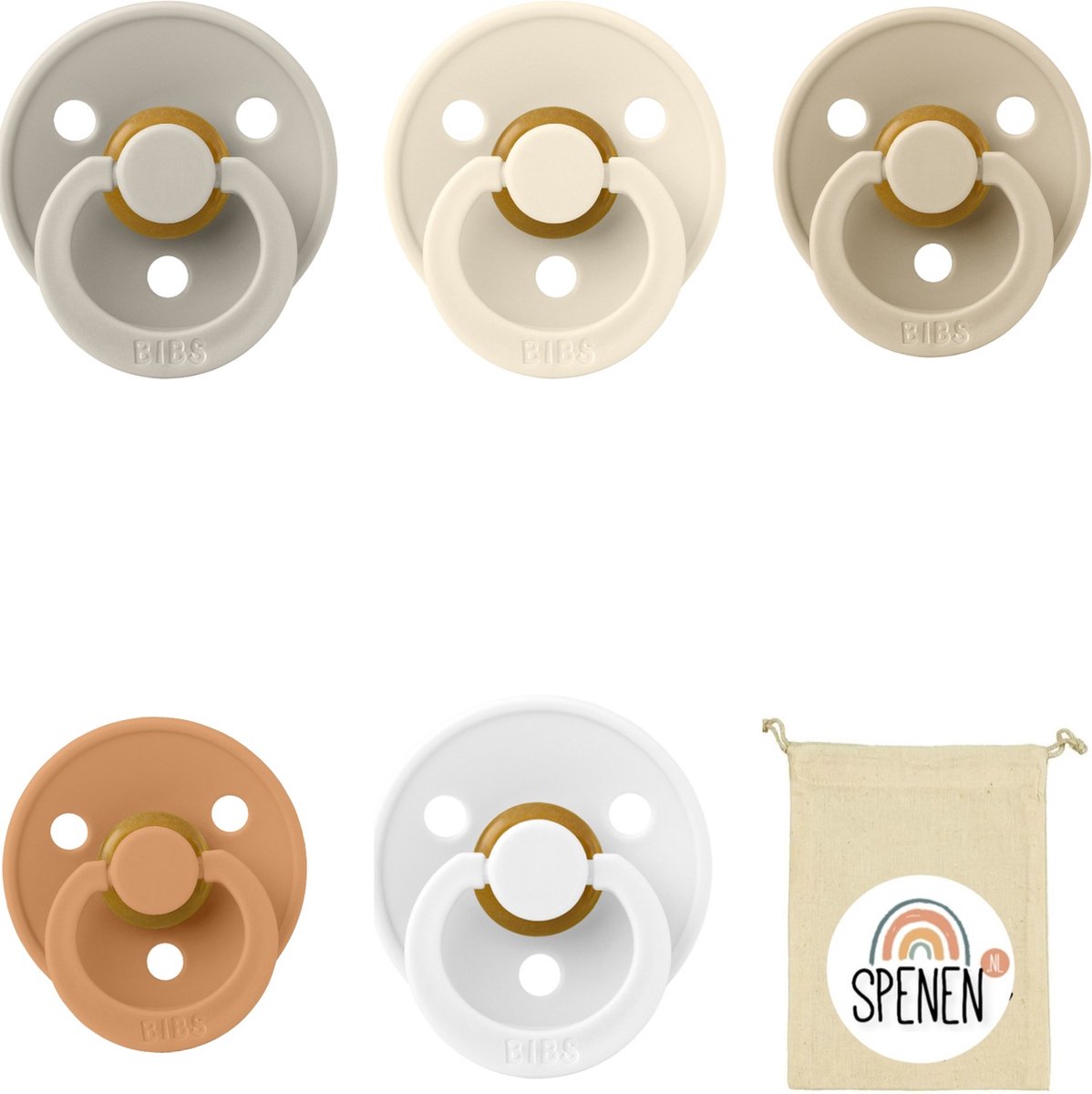 Goedkoopste Bibs fopspenen 0-6 maand set 5 stuks White,Ivory,Vanilla,Sand en Pumpkin maat 1