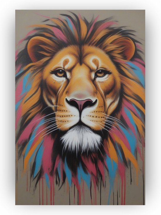 Banksy leeuw - 60 x 90 cm - Banksy art - Banksy woonkamer schilderij - Leeuw kleurrijk - Blikvanger - Leeuw muurdecoratie - Schilderij op canvas