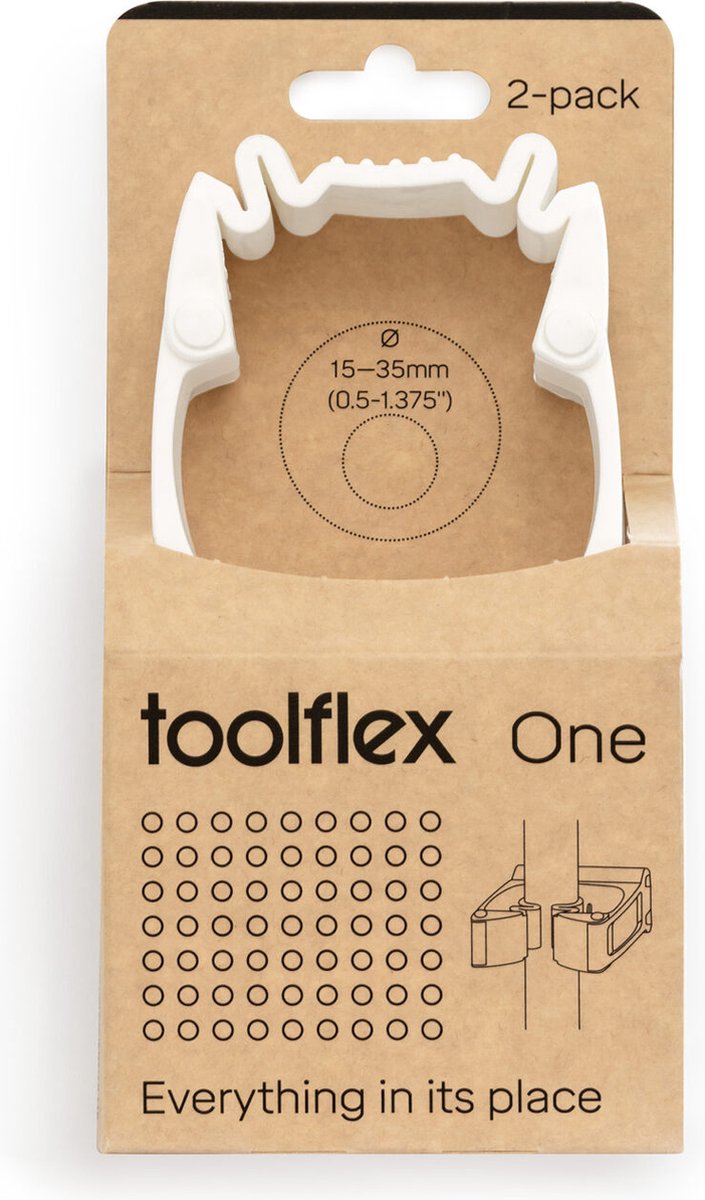 Toolflex One 2-Pack Gereedschapshouders met Witte Adapter Geschikt voor Ø15-35 mm Gereedschappen Muurbevestiging met Veilige Installatiekit Ruimtebesparend en Veilig Exclusief voor One en
