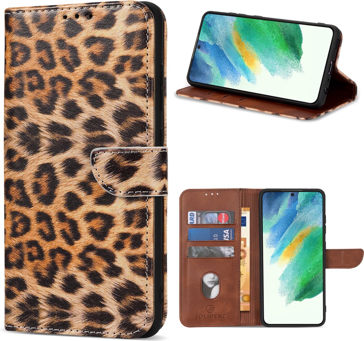 Geschikt Voor Samsung Galaxy S21 FE Hoesje - Solidenz Bookcase S21 FE - Telefoonhoesje S21 FE - S21 FE Case Met Pasjeshouder - Cover Hoes - Leopard - Panter - S21FE - Luipaard