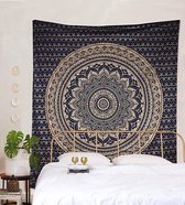 Wandtapijt mandala, kamerdecoratie, blauw goud wanddoek boho wanddecoratie, psychedelisch wandbehang 132 x 208 cm