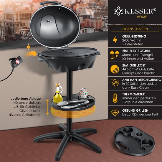 KESSER® Elektrische Barbecue XXL 2in1 Tafelgrill 2400W - Staande BBQ Grill met deksel en Thermometer Grillplaat - Zwart van KESSER — afbeelding 4