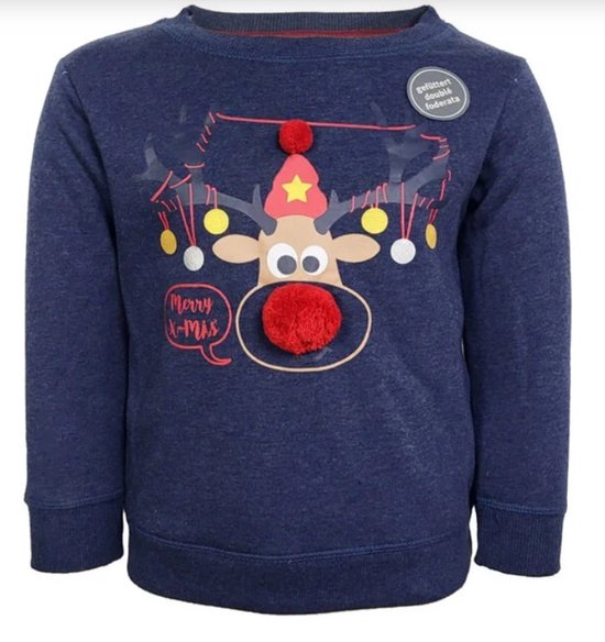 Kerst - Sweater - Rudolph rendier - 3D met pom - unisex - blauw - maat 110