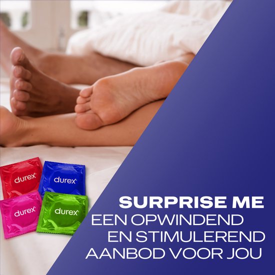Voeten van een stel op een bed, met vier individueel verpakte condooms. Tekst: SURPRISE ME, EEN OPWINDEND EN STIMULEREND AANBOD VOOR JOU.