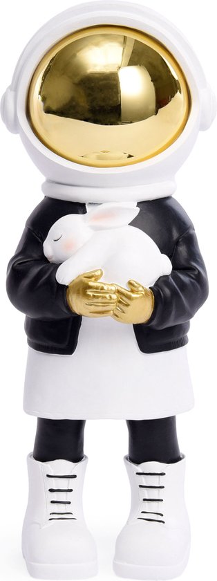 BRUBAKER Decoratieve figuur astronaut met witte hazen - 33 cm Spaceman ruimtefiguur met zwarte jas en verchroomde helm - handbeschilderd modern beeld astronaut - goud, zwart en wit