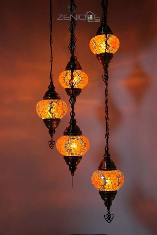 Lampe Turque - Suspension - Lampe Mosaïque - Lampe Marocaine - Lampe Orientale - ZENIQUE - Authentique - Handgemaakt - Lustre - Oranje - 5 Ampoules